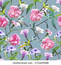 Ruellia tuberosa purple spring flower seamless pattern vector illustration