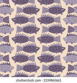 Los peces de escurrimiento dibujaron a mano la ilustración vectorial. Patrón ininterrumpido de vida subacuática para tela infantil.