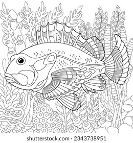 Ruffe fish coloring page. Underwater colouring design.