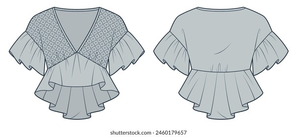 Blusa de volante de moda técnica Ilustración, patrón sin fisuras. Peplum Top fashion Plantilla de dibujo técnico plano, v-neck, manga corta, peplum, vista frontal y posterior, gris, mujer Top CAD mockup.