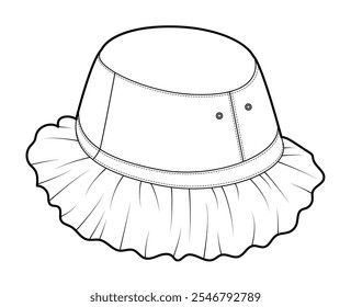 Ruffle Bucket Hat. Summer Head Fashion accessory cap with floppy brim clothing technical illustration. Vector headgear for Men, women, unisex style, flat template CAD mockup sketch outline isolated