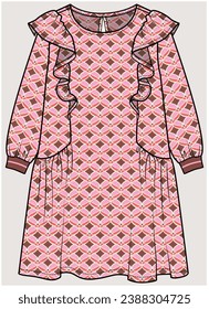 RUFFLE CASCADE DETAIL DRESS WITH LONG SLEEVES IN GEOMETRICAL PATTERN FABRIC DESIGNED FOR FOR TEEN GIRL, TWEEN GIRLS AND KID GIRLS IN  VECTOR ILLUSTRATION
