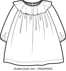 Ruffle collar dress flat sketch illustration