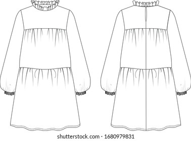 Ruffle collar layer long sleeve dress, front and back view, vector fashion illustration