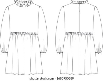 Ruffle collar long sleeve dress, front and back view, vector fashion illustration