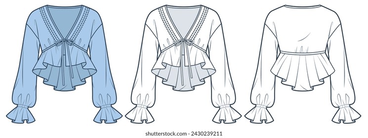 Ruffle Crop Top technical fashion Illustration. Balloon Sleeve Blouse fashion flat technical drawing template, v-neck, bow tie, peplum, front and back view, white, blue, women Top CAD mockup set.