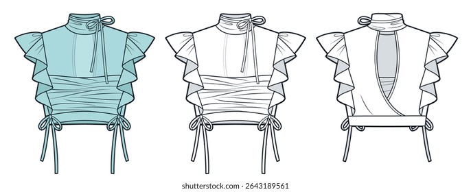 Ruffle Crop Top technical fashion illustration. Blouse with transparent front detail fashion flat technical drawing template, front and back view, tie, white, pastel turquoise, women CAD mockup.