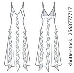 Ruffle Dress technical fashion illustration. Midi Dress fashion flat technical drawing template, bias cut, side zipper, straps, front and back view, white, women CAD mockup.