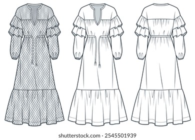 Rüschen Kleid technische Mode Illustration, geometrisches Muster. Boho Kleid Mode technische Zeichnung Vorlage, v-Ausschnitt, Maxi, Ballon Ärmel, abgestuft, Vorder-und Rückansicht, weiß, grau, Frauen CAD mockup.