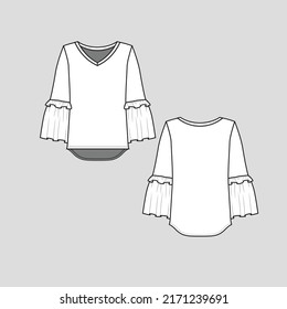 Ruffle Frill Bell Sleeve top V Neck High low dip hem long ruffles frill detail bell sleeve fashion t shirt top blouse flat sketch technical drawing template vector