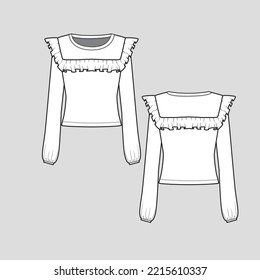 Ruffle Frill Crop top Wide Neck Shoulder ruffle frill trim Gathering Long Sleeve hem Fashion cad Flat Sketch technical Drawing Template