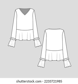 Ruffle frill Long Sleeve V Neck top flounce ruffle hem fashion flats sketch design template drawing