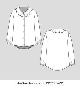 Ruffle Frill Neck Top full open Button panel placket High low hem Long Sleeve gathering  hem Fashion flat sketch drawing template design vector