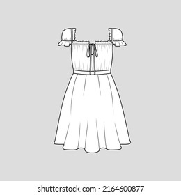 Cuello cuadrado de frambuesa Ruffle Cuello nudo amarre Vestido Recolección Elástica Rufles frito detalle cintura Peplum moda camiseta blusa superior Vestidos Esbozo plano diseño de plantilla de dibujo vectorial