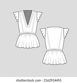 Ruffle frills top deep v neck Peplum waist elastic gathering detail ruffles sleeve frills Fashion clothing outline flat sketch technical drawing template design vector