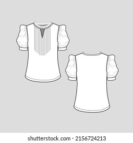 Ruffle gathering cuff Sleeve Frill Neck t shirt top notch neck ruffle frills pleat detail  front gathering sleeve cuff fashion tee blouse clothing flat sketch technical drawing template design vector