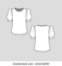 Ruffle gathering cuff Sleeve top rib crew neck sleeve ruffles detail fashion t shirt top blouse clothing flat sketch technical drawing template design vector