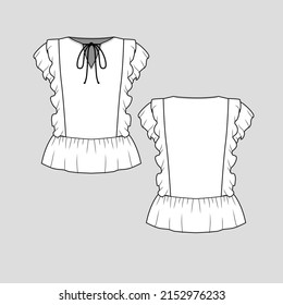 Ruffle knotted Peplum gathering top notch neck knot Ruffles flounce  knot top dress clothing fashion flat sketch technical drawing template design vector