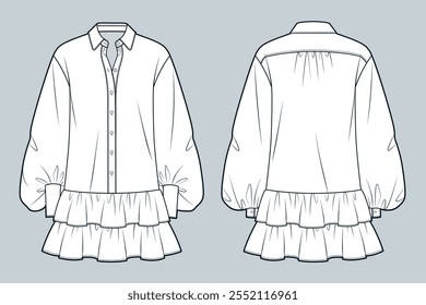 Ruffle mini Vestido ilustração de moda técnica. Balão manga vestido moda modelo de desenho técnico plano, colarinho de botão, punhos, vista frontal e traseira, branco, mulheres vestido CAD mockup.