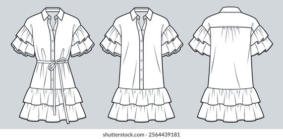 Ruffle mini Dress technical fashion illustration. Shirt Dress fashion flat technical drawing template, button collar, ruffle sleeves, belt, front and back view, white, women Dress CAD mockup.