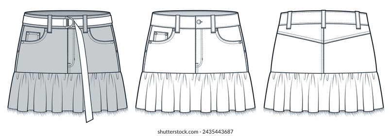 Ruffle Mini Skirt technical fashion illustration. Destroyed Raw Hem Denim Skirt fashion flat technical drawing template, pockets, belt, front, back view, white, grey, women, men, unisex CAD mockup set