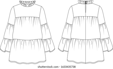 Ruffle Neck Three Layer Blouse With Long Sleeve, Front And Back View, Vector Fashion Illustration