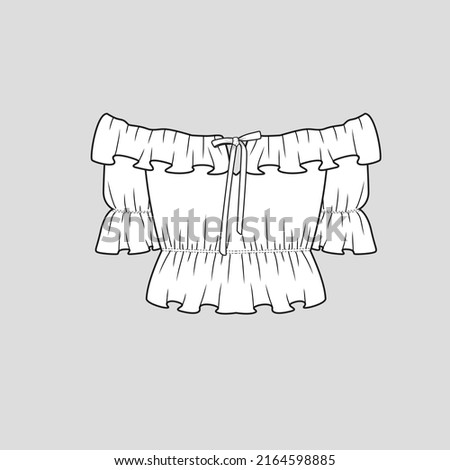 Ruffle Off Shoulder Knotted tie up crop top Gathering Ruffles detail hem Knot tie cropped  fashion t shirt top blouse Flat Sketch technical Drawing template design vector