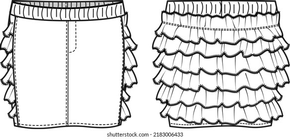 Ruffle Pencil Skirt Vector Flat Sketch Illustration