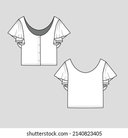 ruffle sleeve crop top scoop neck with button panel  ruffles gathering sleeve detail t shirt  blouse  cad flat sketch technical drawing  template design vector