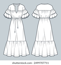 Vestido de manga de volantes ilustración de moda técnica. Plantilla de dibujo técnico plano de la moda de vestir con gradas, cintura con cordón, ajuste relajado, vista frontal y posterior, blanco, maqueta CAD para mujeres.