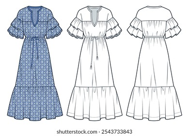 Rüschen Ärmel Kleid technische Mode Illustration, florales Design. Tiered Dress Mode flache technische Zeichnung Vorlage, Kordelzug Taille, Vorder-und Rückansicht, weiß, blau, Frauen CAD Mockup Set.