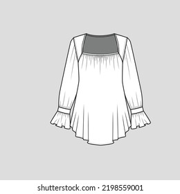 Ruffle Sleeve Square Neck Top Neck Gathering Long Sleeve Ruffles Hem Fashion Design template cad Drawing Flat Sketch Design