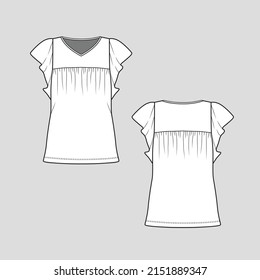 Ruffle Sleeve top V Neck peplum gathering ruffles sleeve detail t shirt blouse technical drawing template design vector