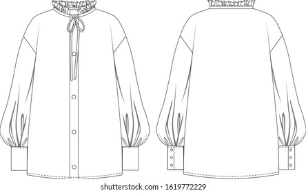 Ruffle tie neck shirt with long sleeve, front and back view, vector fashion illustration