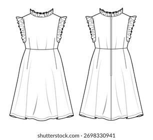 Ruffle top front and back view design technical flat sketch vector mockup template.