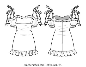 Plantilla de maqueta de Vector de dibujo de línea técnica de vista delantera y trasera con volantes.