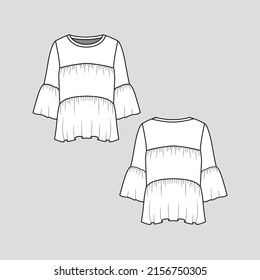 Ruffle top peplum gathering ruffles bell sleeve fashion blouse clothing flat sketch technical drawing template design vector