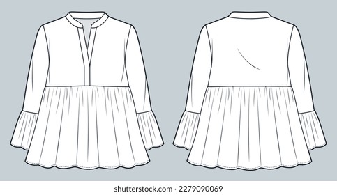 Ilustración de moda técnica Ruffle Top. Maqueta técnica de tres cuartos de manga de la moda de la camiseta plana de dibujo, collar de banda, vista frontal y trasera, color blanco, maquillaje CAD femenino.