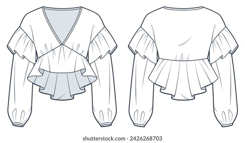 Ruffle Top technical fashion Illustration. Ruffle Blouse fashion flat technical drawing template, v-neck, balloon long sleeve, peplum, front and back view, white, women Top CAD mockup.