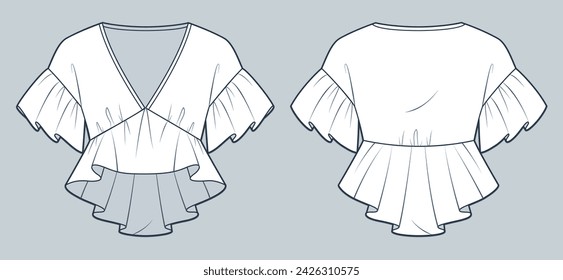 Ruffle Top technical fashion Illustration. Peplum Blouse fashion flat technical drawing template, v-neck, short sleeve, peplum, front and back view, white, women Top CAD mockup.