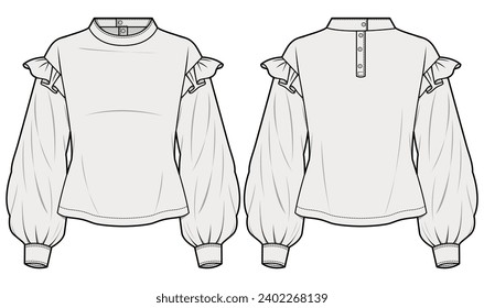 Ruffle Trim Bishop Sleeve Blouse Front and Back View. Fashion Illustration, Vector, CAD, Technical Drawing, Flat Drawing, Template, Mockup. 