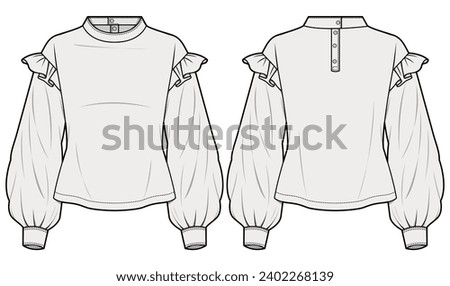 Ruffle Trim Bishop Sleeve Blouse Front and Back View. Fashion Illustration, Vector, CAD, Technical Drawing, Flat Drawing, Template, Mockup. 