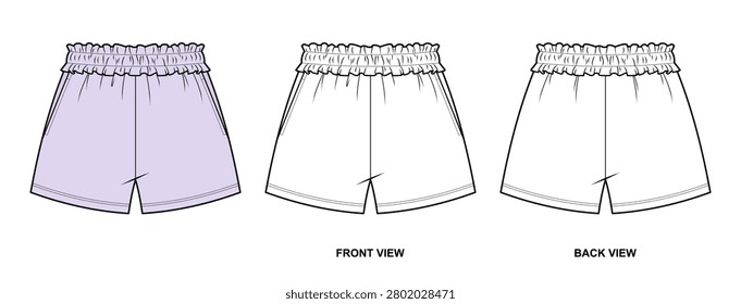 Ruffle Waist Lounge Shorts Technical Fashion Illustration. Relaxed Pull-On Shorts with Double Frill Elastic Waistband Vector Template. Front and Back View. Women’s Sleepwear. CAD Mockup Set.