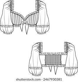 blusa con volantes y mangas con volantes, atada en la parte delantera