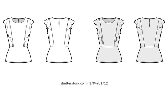 Ruffled blouse technical fashion illustration with hem, oval neck, back button-fastening keyhole, sleeveless, fitted body. Flat apparel top template front back white grey color. Women men unisex shirt