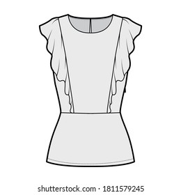 Ruffled blouse technical fashion illustration with hem, oval neck, back button-fastening keyhole, sleeveless, fitted body. Flat apparel top template front grey color. Women men unisex shirt CAD mockup