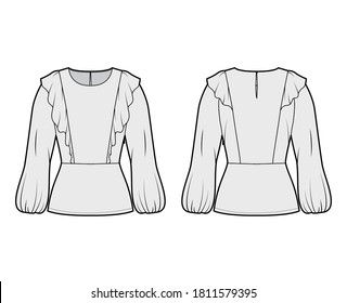 Ruffled blouse technical fashion illustration with hem, oval neck, back button-fastening keyhole, long bishop sleeve. Flat apparel top template front back grey color. Women men unisex shirt CAD mockup