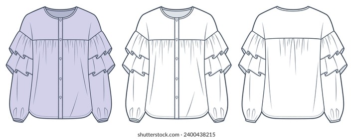 Ilustración de moda técnica de Blouse desgastada. Moda de la camiseta de manga de globo plancha de dibujo técnico plano, manga larga, botón arriba, vista frontal y trasera, blanco, laca, mujer Juego de mockup Top CAD.
