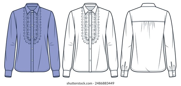 Ruffled Blouse technical fashion Illustration. Collar Shirt fashion flat technical drawing template, cuff long sleeve, button down, front and back view, white, violet, women CAD mockup set.