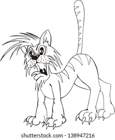 ruffled cat, cartoon black and white vector illustration